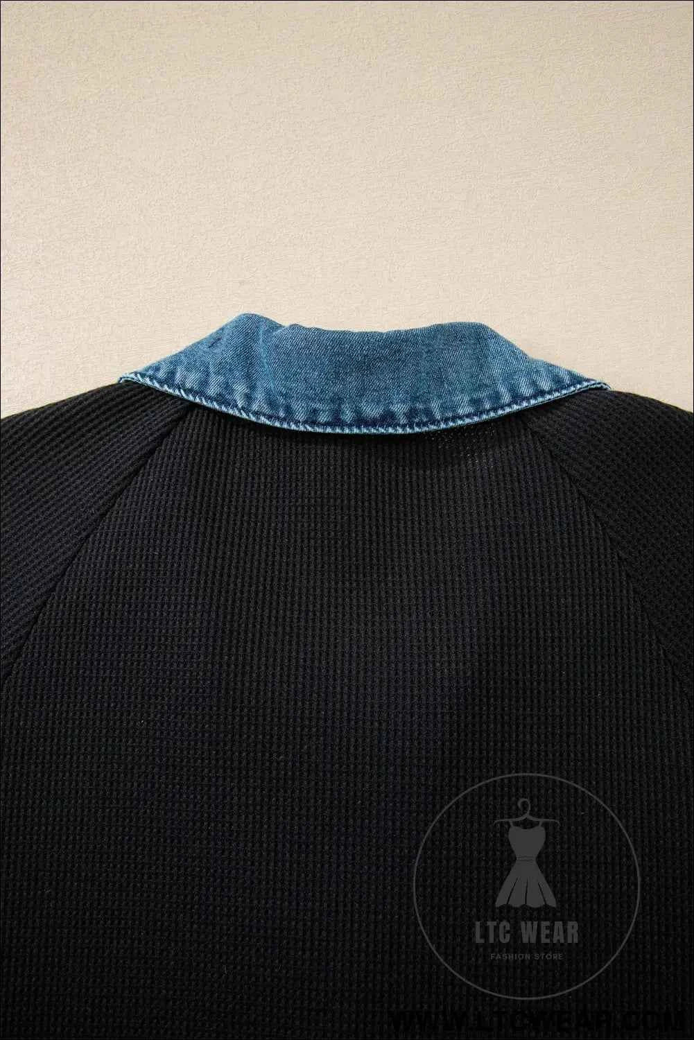 Black Waffle Knit Patchwork Tee Dress with Denim Trim