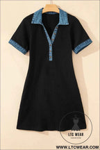 Black Waffle Knit Patchwork Tee Dress with Denim Trim