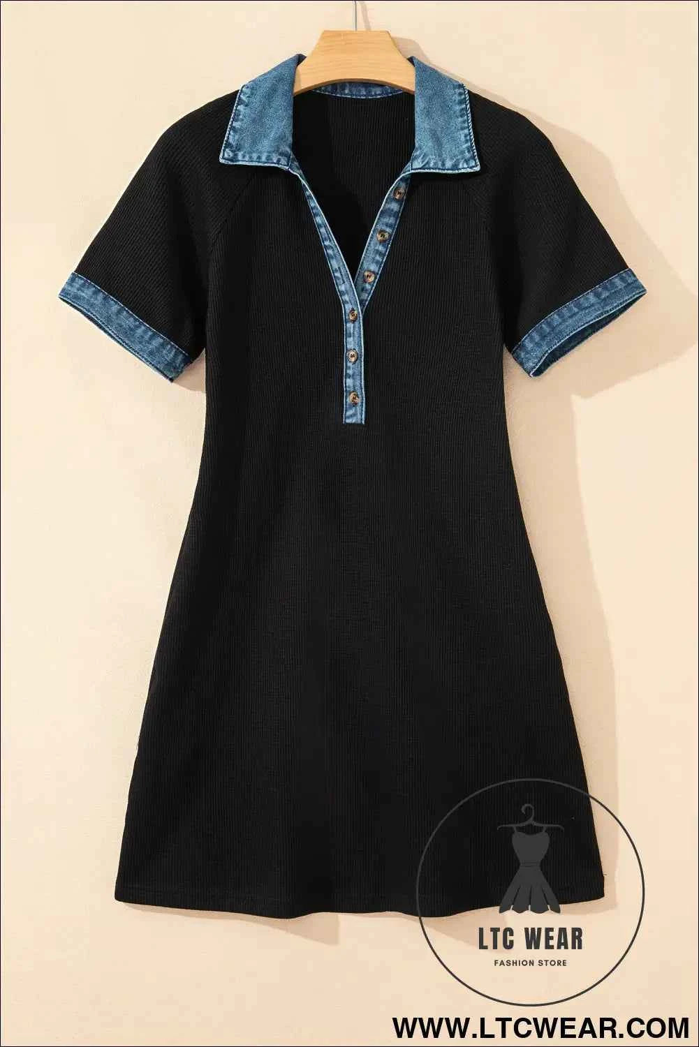 Black Waffle Knit Patchwork Tee Dress with Denim Trim