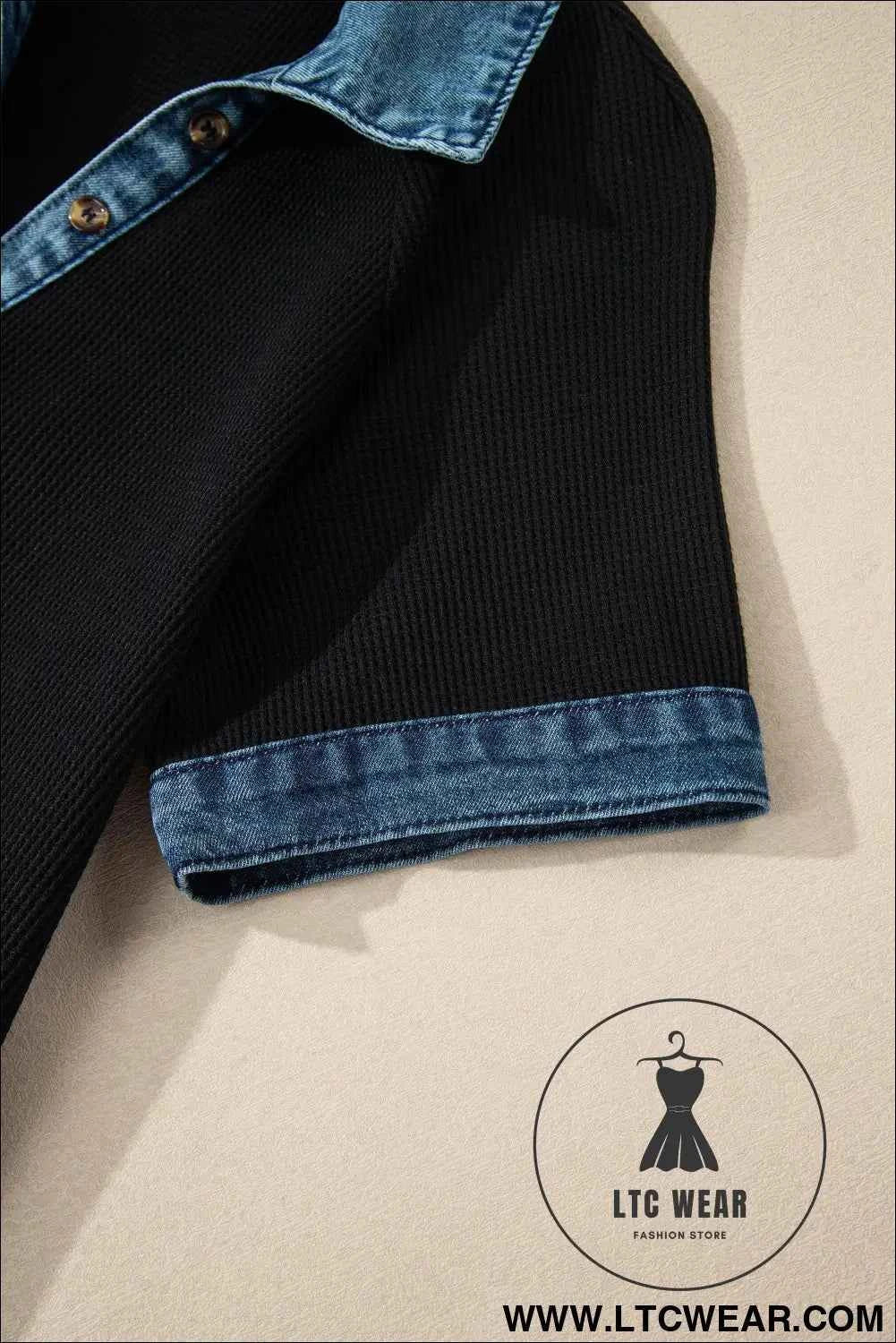 Black Waffle Knit Patchwork Tee Dress with Denim Trim