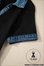 Black Waffle Knit Patchwork Tee Dress with Denim Trim