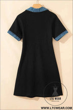 Black Waffle Knit Patchwork Tee Dress with Denim Trim