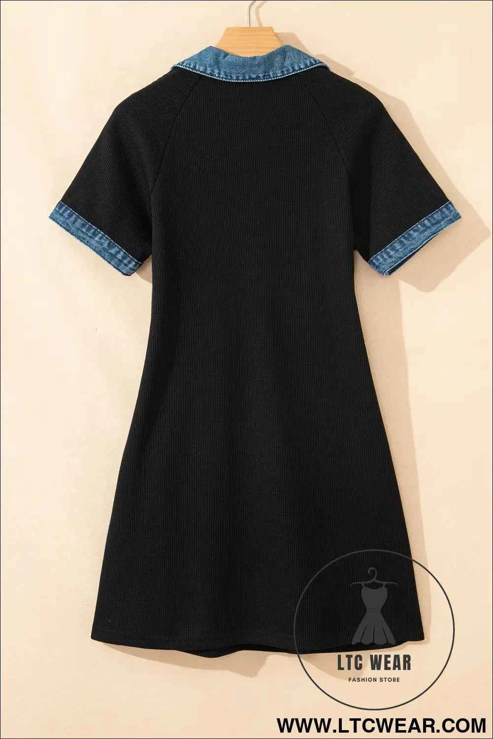 Black Waffle Knit Patchwork Tee Dress with Denim Trim