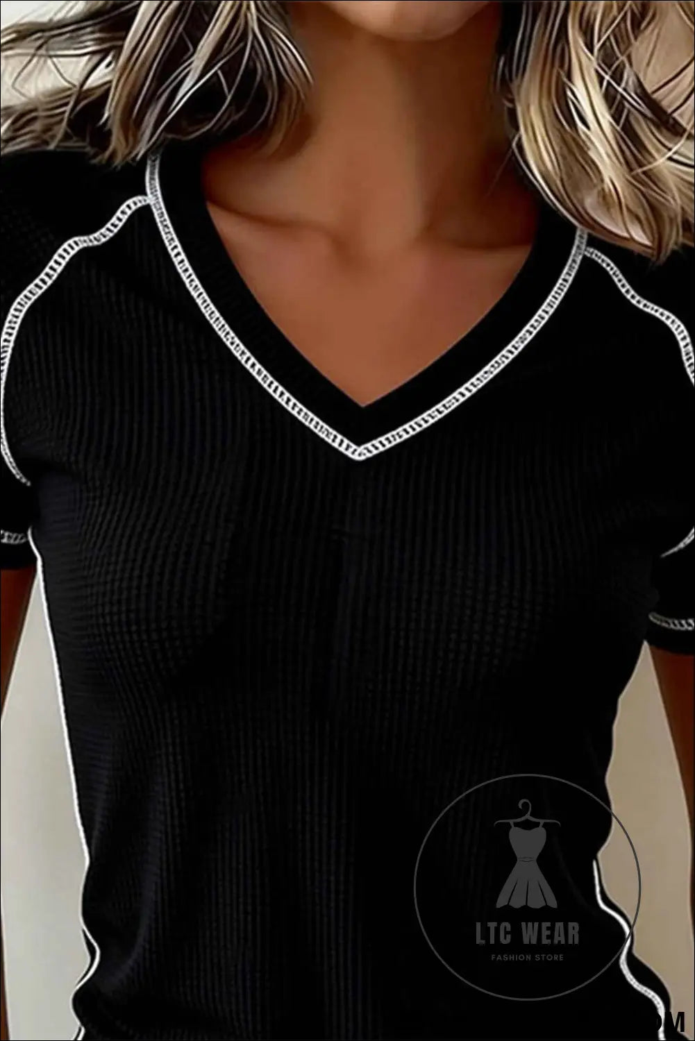 Black Waffle Textured Contrast Trim V Neck Tee
