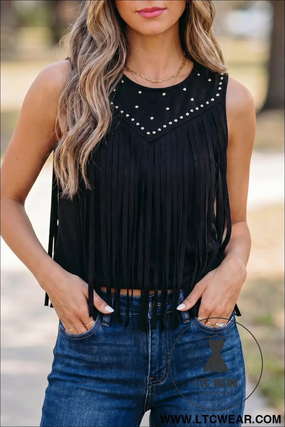 Black western fringe rivet paneling bust sleeveless top - black / l / 95% polyester + 5% elastane - tank tops