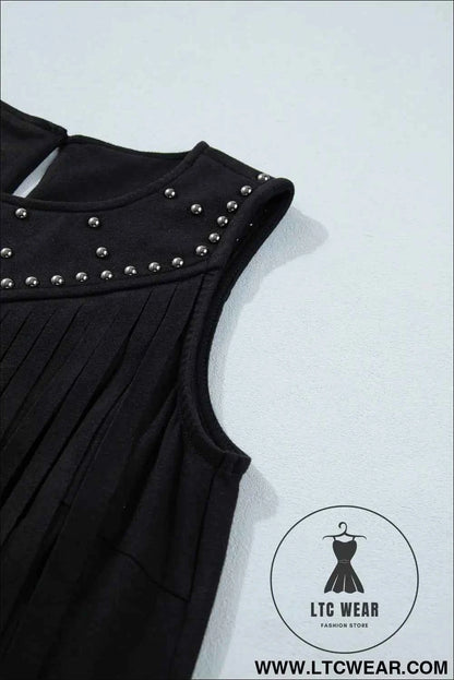 Black Western Fringe Rivet Paneling Bust Sleeveless Top
