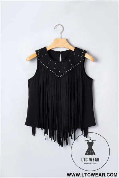 Black western fringe rivet paneling bust sleeveless top - tank tops