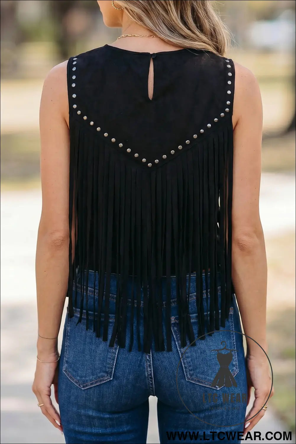 Black western fringe rivet paneling bust sleeveless top - tank tops