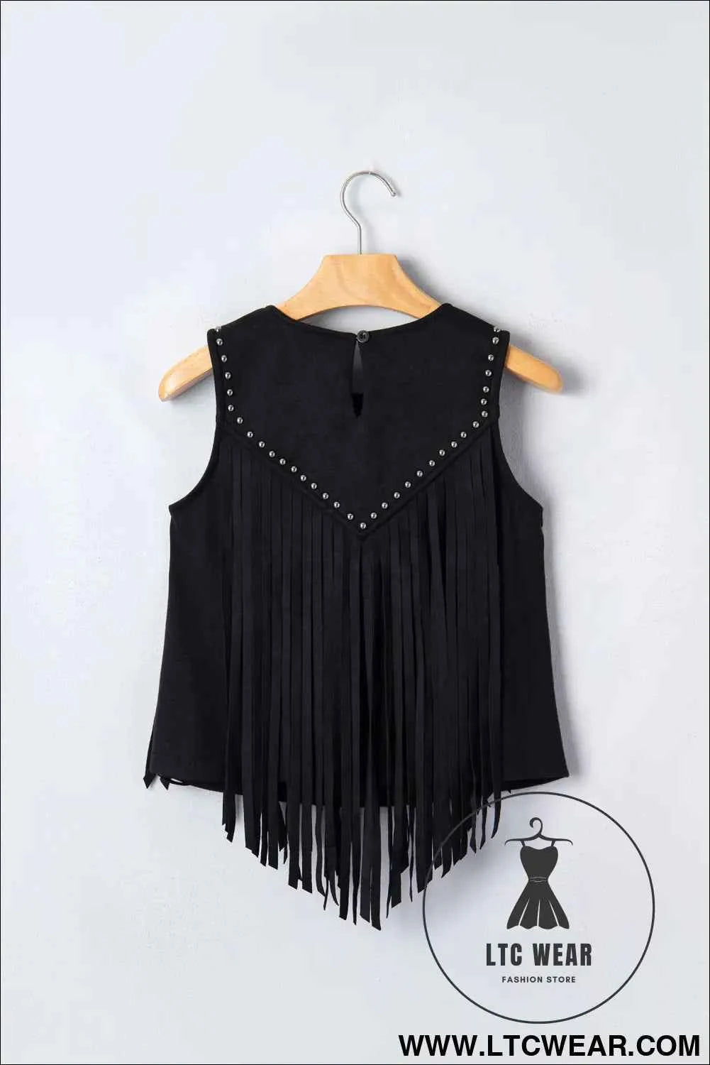 Black Western Fringe Rivet Paneling Bust Sleeveless Top