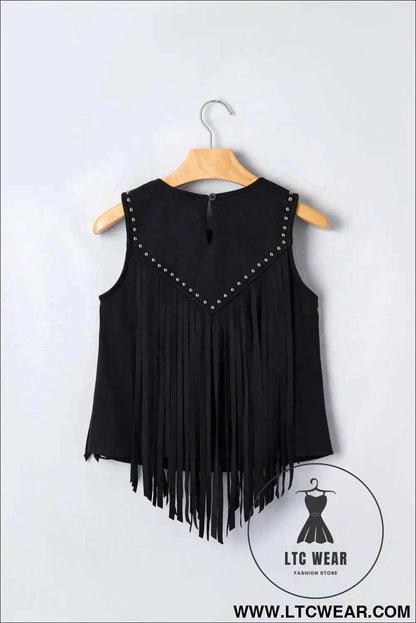 Black Western Fringe Rivet Paneling Bust Sleeveless Top