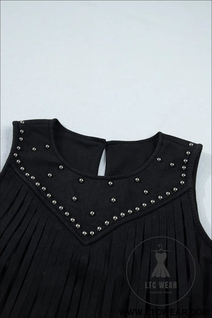 Black western fringe rivet paneling bust sleeveless top - tank tops