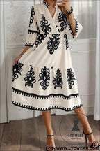 Black Western Geometric Print 3/4 Sleeve Loose Midi Dress