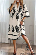 Black Western Geometric Print 3/4 Sleeve Loose Midi Dress