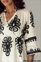 Black Western Geometric Print 3/4 Sleeve Loose Midi Dress