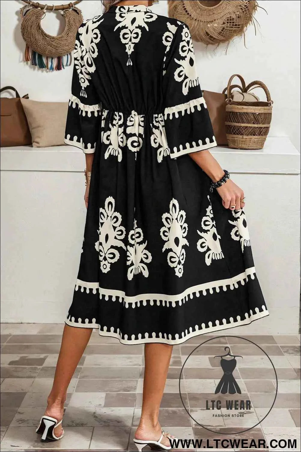 Black Western Geometric Print 3/4 Sleeve Loose Midi Dress