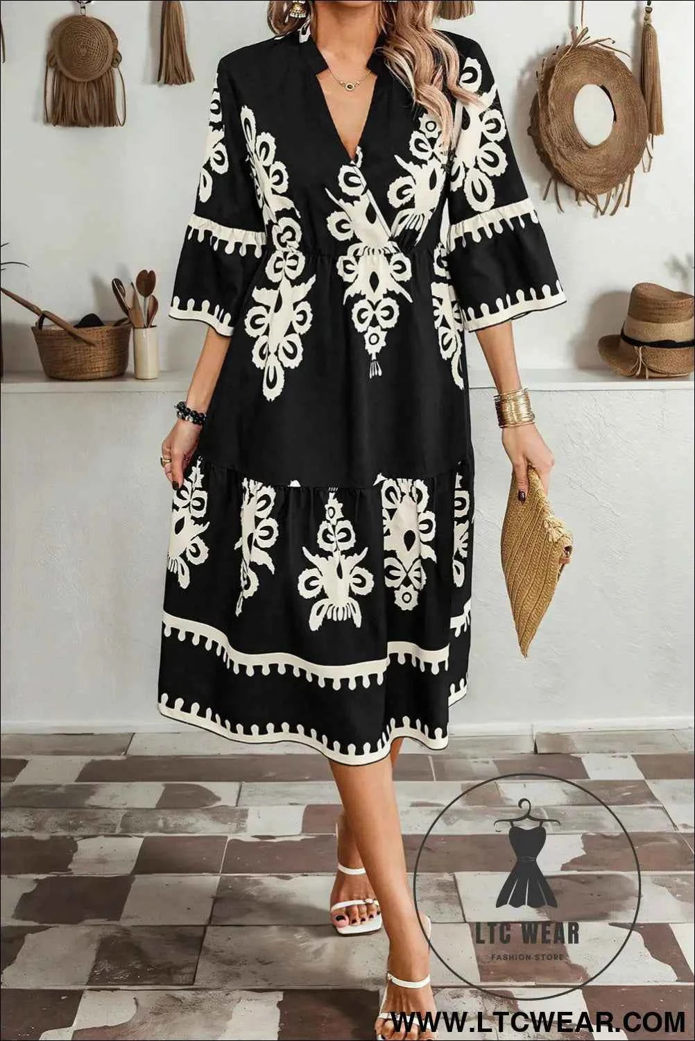 Black Western Geometric Print 3/4 Sleeve Loose Midi Dress