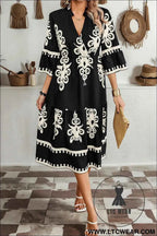 Black Western Geometric Print 3/4 Sleeve Loose Midi Dress