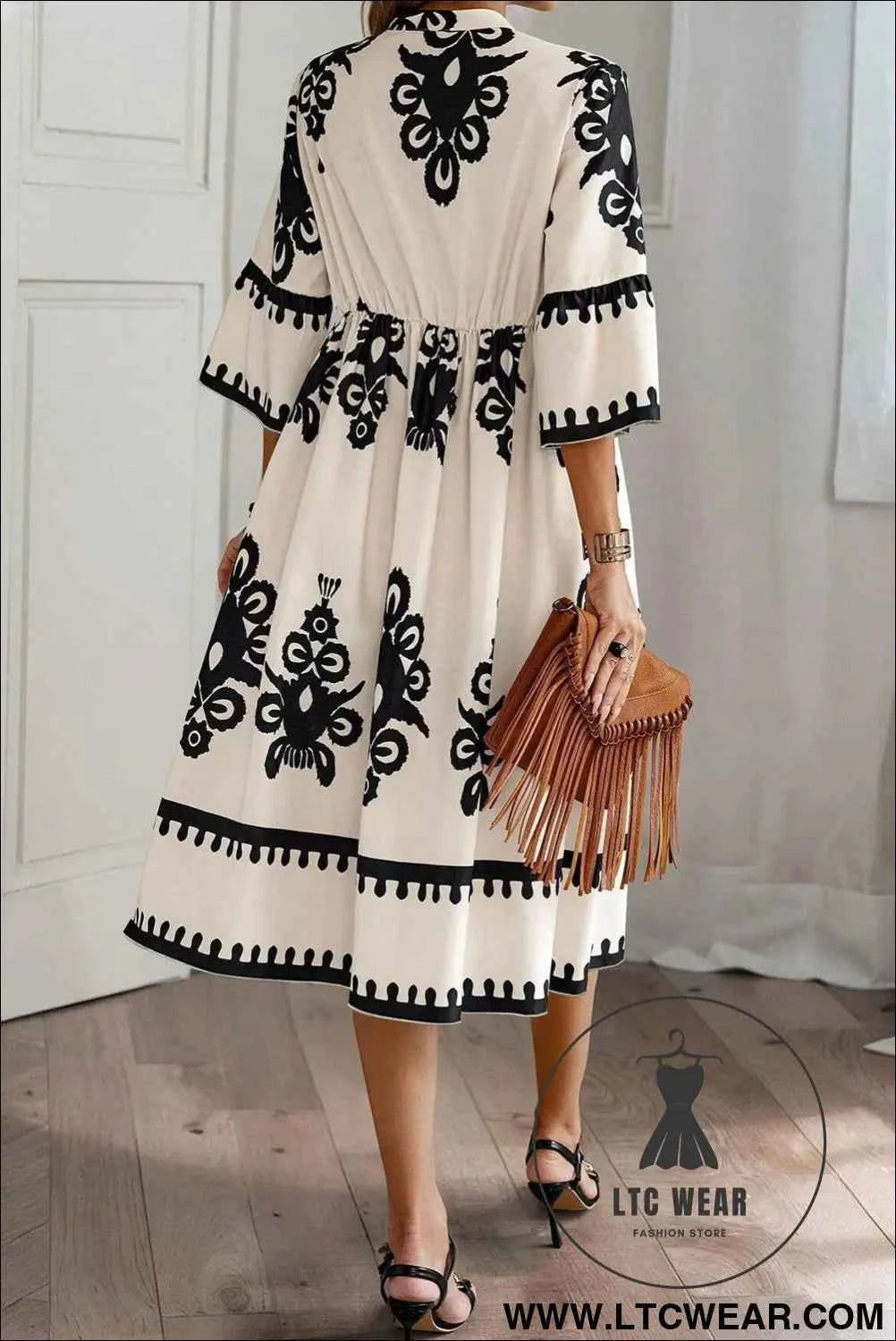 Black Western Geometric Print 3/4 Sleeve Loose Midi Dress
