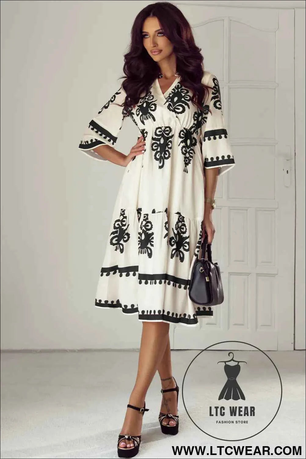Black Western Geometric Print 3/4 Sleeve Loose Midi Dress