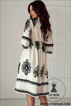 Black Western Geometric Print 3/4 Sleeve Loose Midi Dress