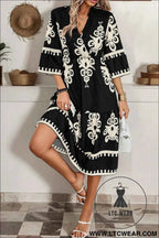 Black Western Geometric Print 3/4 Sleeve Loose Midi Dress