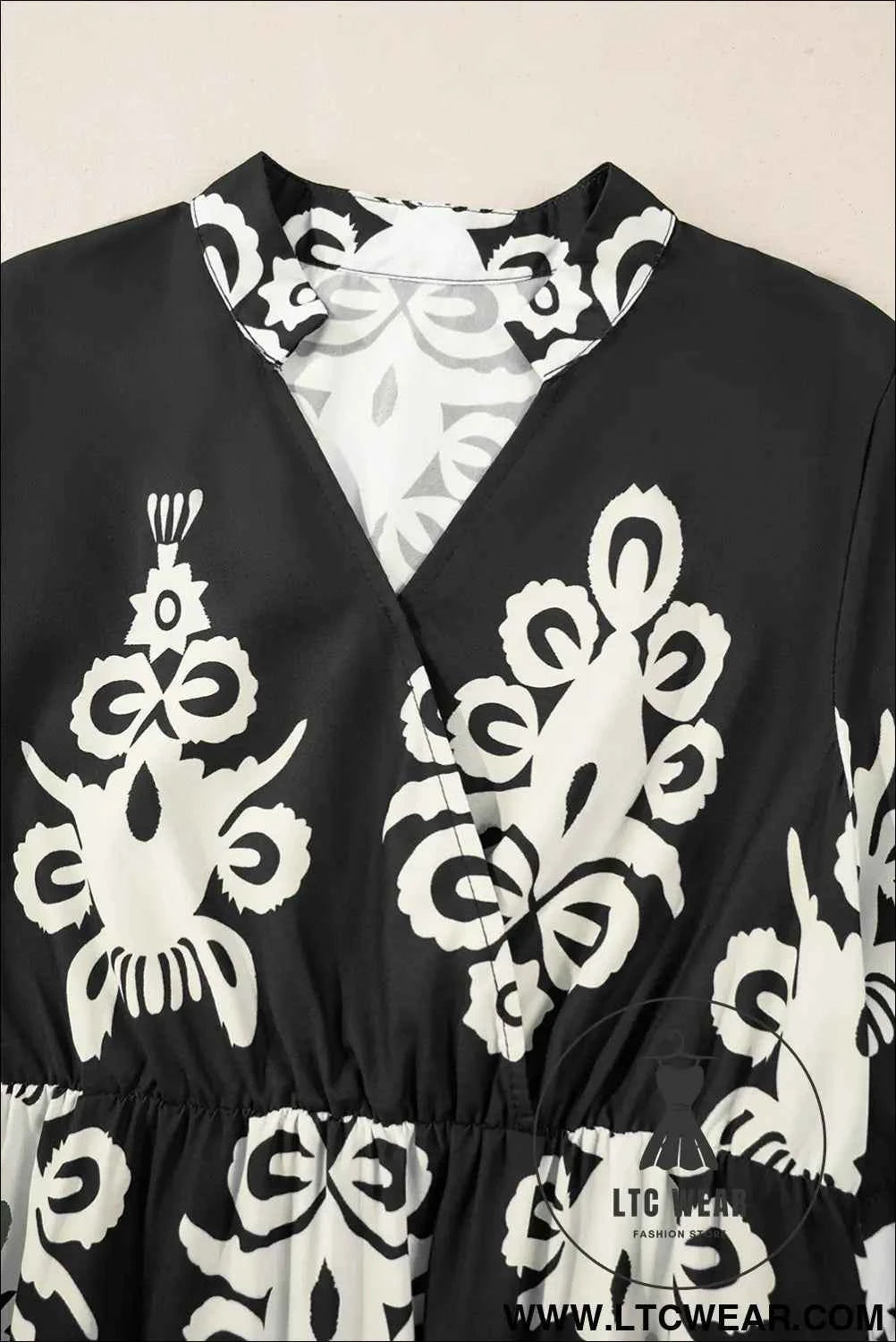 Black Western Geometric Print 3/4 Sleeve Loose Midi Dress