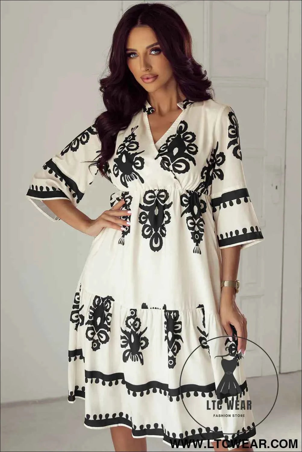 Black Western Geometric Print 3/4 Sleeve Loose Midi Dress