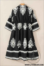Black Western Geometric Print 3/4 Sleeve Loose Midi Dress
