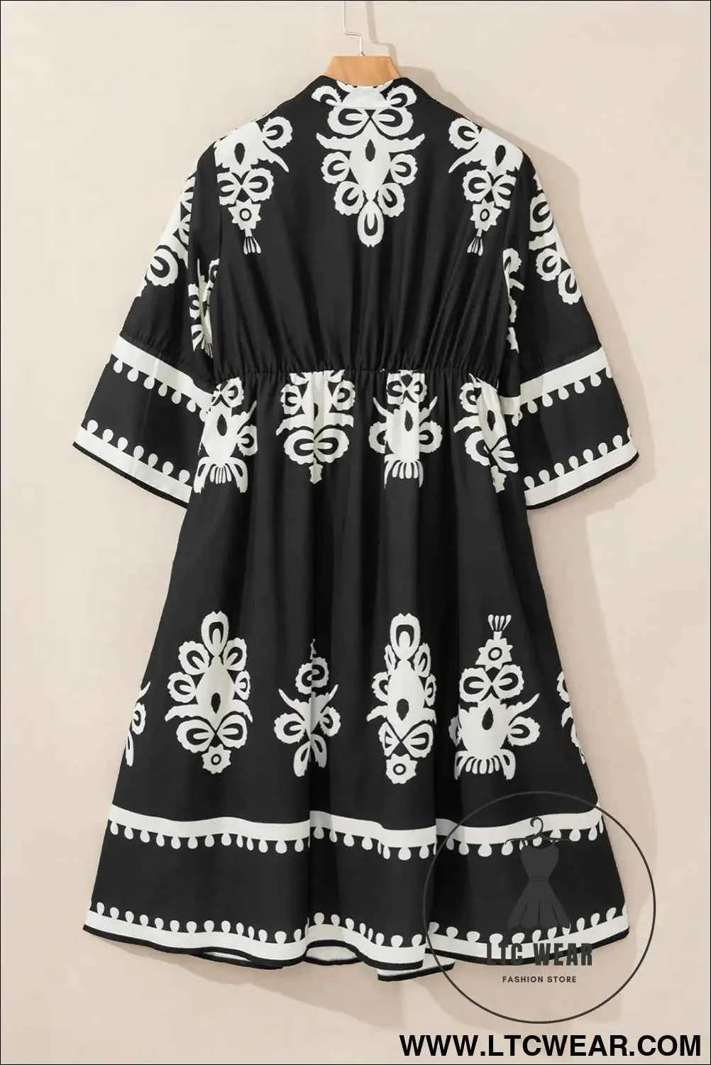 Black Western Geometric Print 3/4 Sleeve Loose Midi Dress