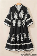 Black Western Geometric Print 3/4 Sleeve Loose Midi Dress