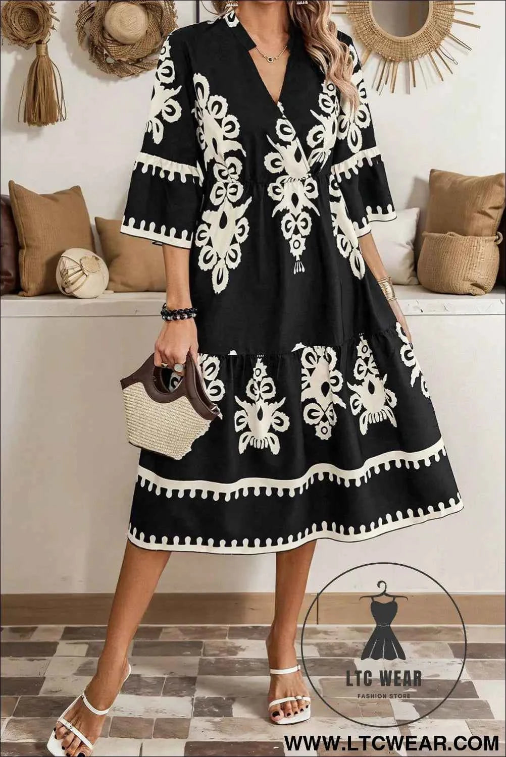 Black Western Geometric Print 3/4 Sleeve Loose Midi Dress