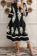 Black Western Geometric Print 3/4 Sleeve Loose Midi Dress