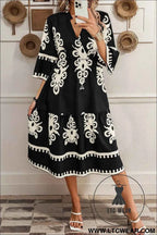 Black Western Geometric Print 3/4 Sleeve Loose Midi Dress