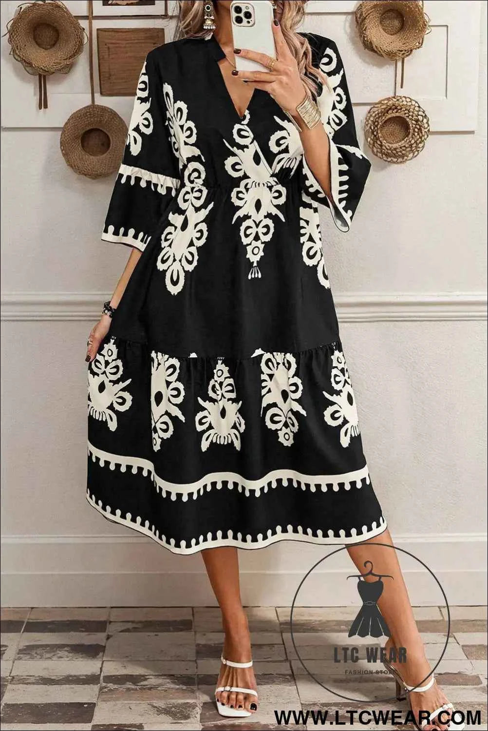 Black Western Geometric Print 3/4 Sleeve Loose Midi Dress
