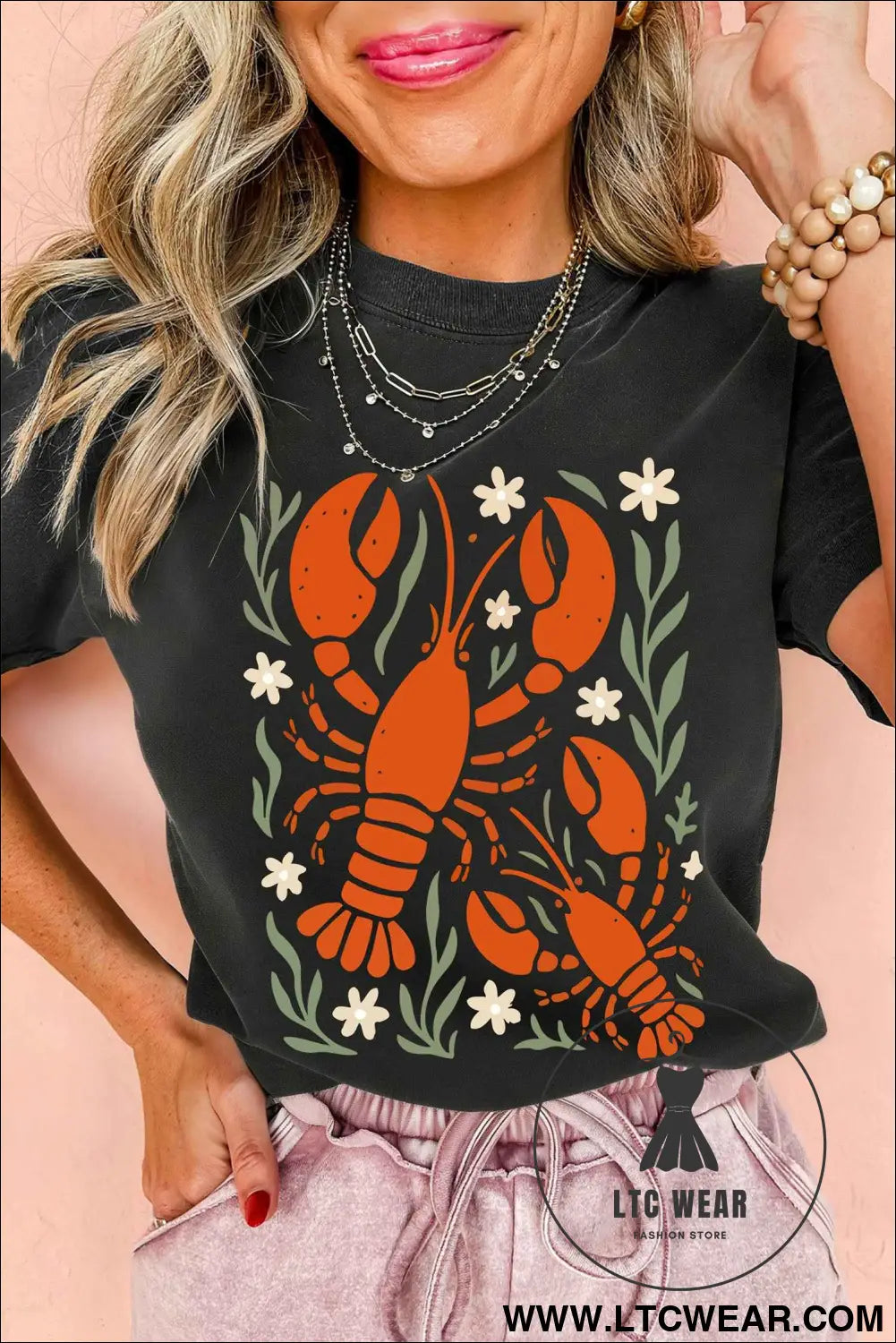 Black Western Lobster Print Loose Summer Tee