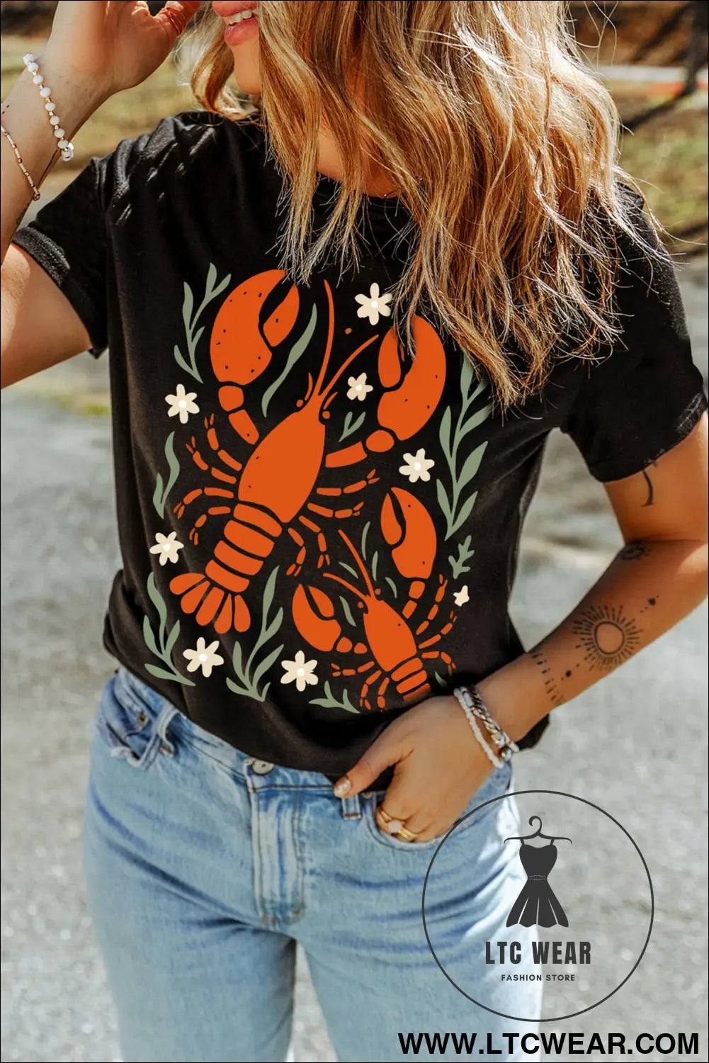 Black Western Lobster Print Loose Summer Tee - L.T.C Wear Online Fashion Store