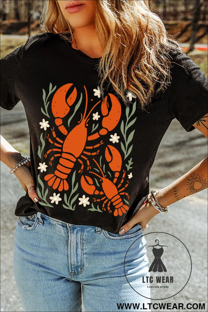 Black Western Lobster Print Loose Summer Tee - L.T.C Wear Online Fashion Store