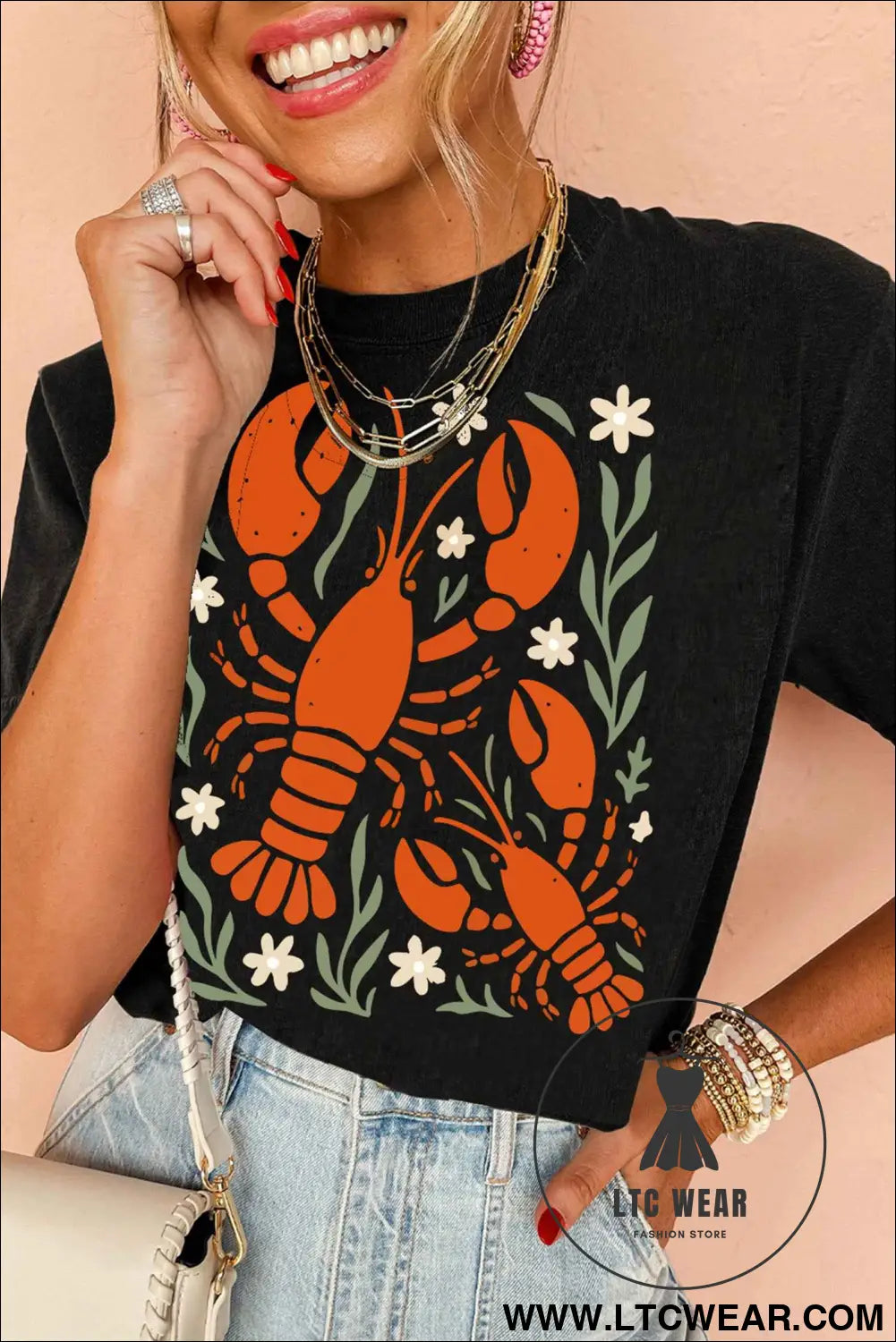 Black Western Lobster Print Loose Summer Tee