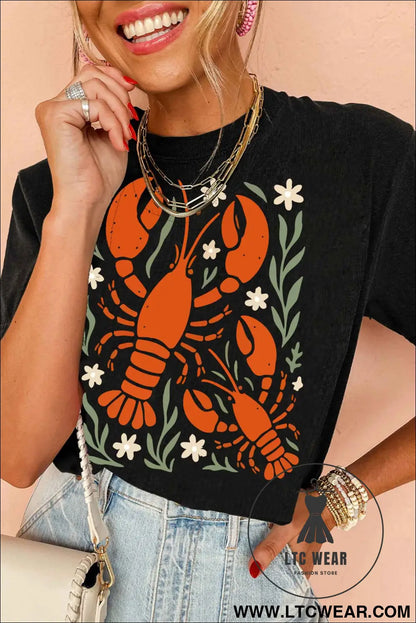 Black Western Lobster Print Loose Summer Tee