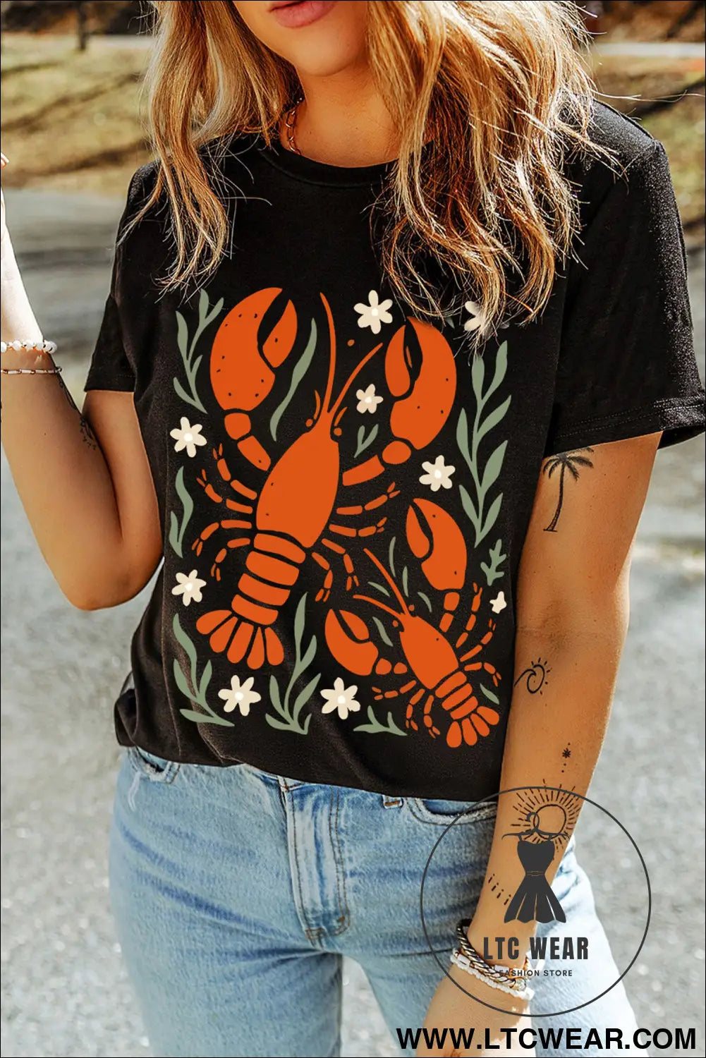 Black Western Lobster Print Loose Summer Tee - L.T.C Wear Online Fashion Store