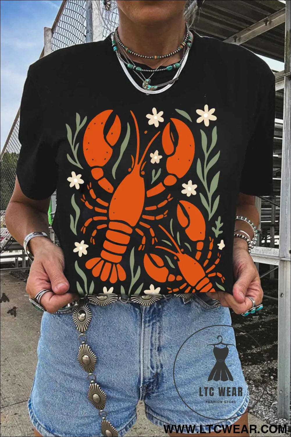 Black Western Lobster Print Loose Summer Tee
