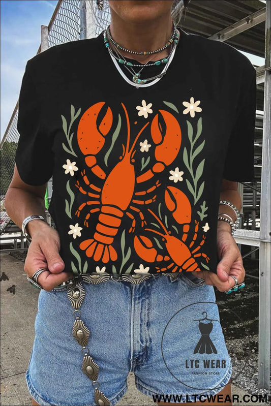Black Western Lobster Print Loose Summer Tee