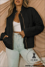 Black zip-up pocket quilted cropped jacket - black / 2xl / 100% polyester - jackets