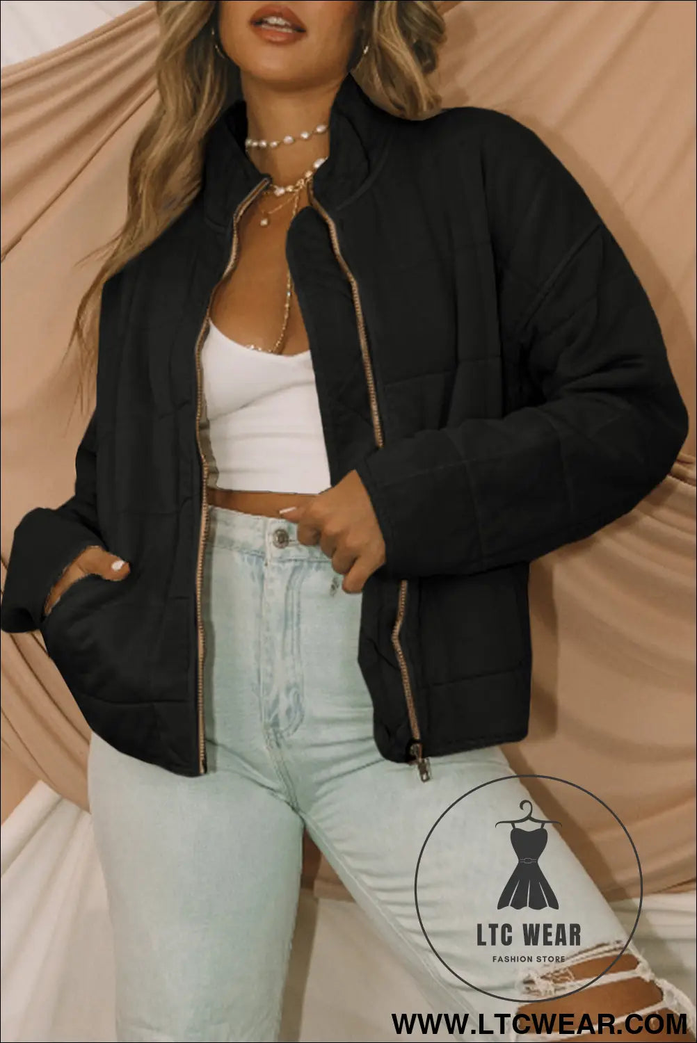 Black zip-up pocket quilted cropped jacket - black / 2xl / 100% polyester - jackets
