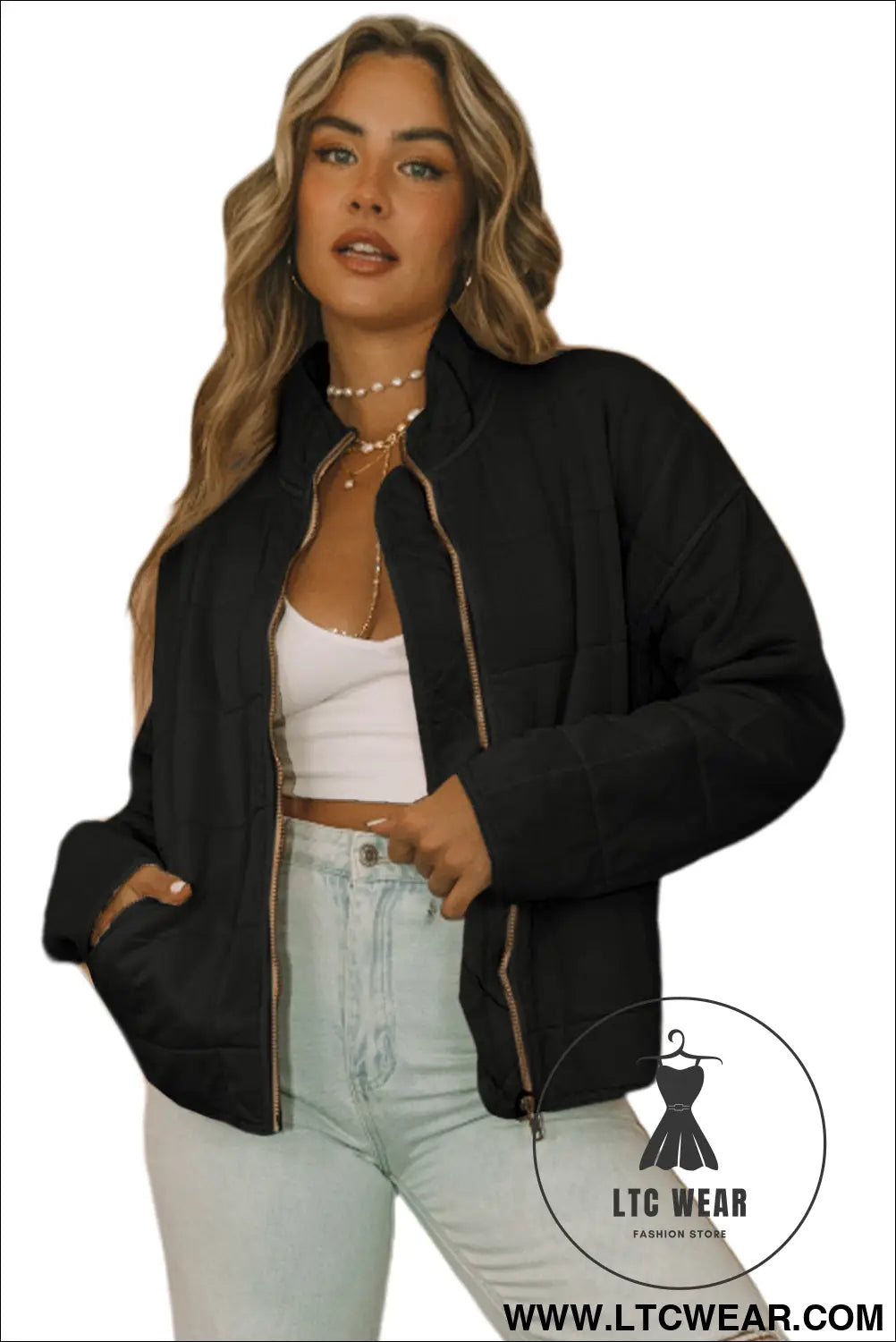 Black zip-up pocket quilted cropped jacket - jackets