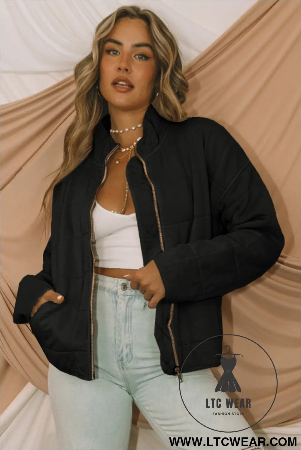 Black zip-up pocket quilted cropped jacket - jackets