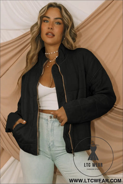 Black zip-up pocket quilted cropped jacket - jackets