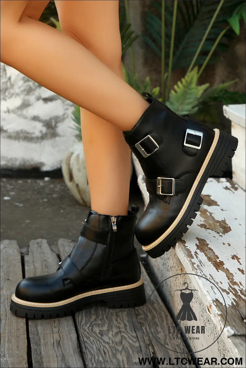 Black zipper buckle straps combat ankle boots - boots