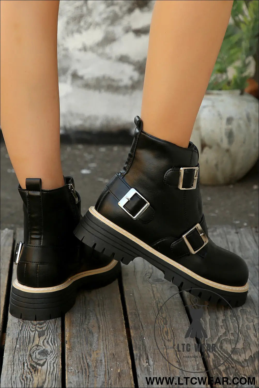 Black zipper buckle straps combat ankle boots - boots