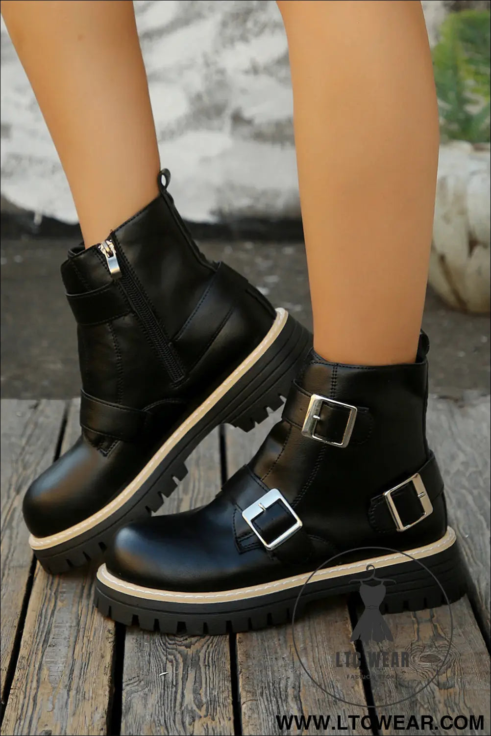 Black zipper buckle straps combat ankle boots - boots